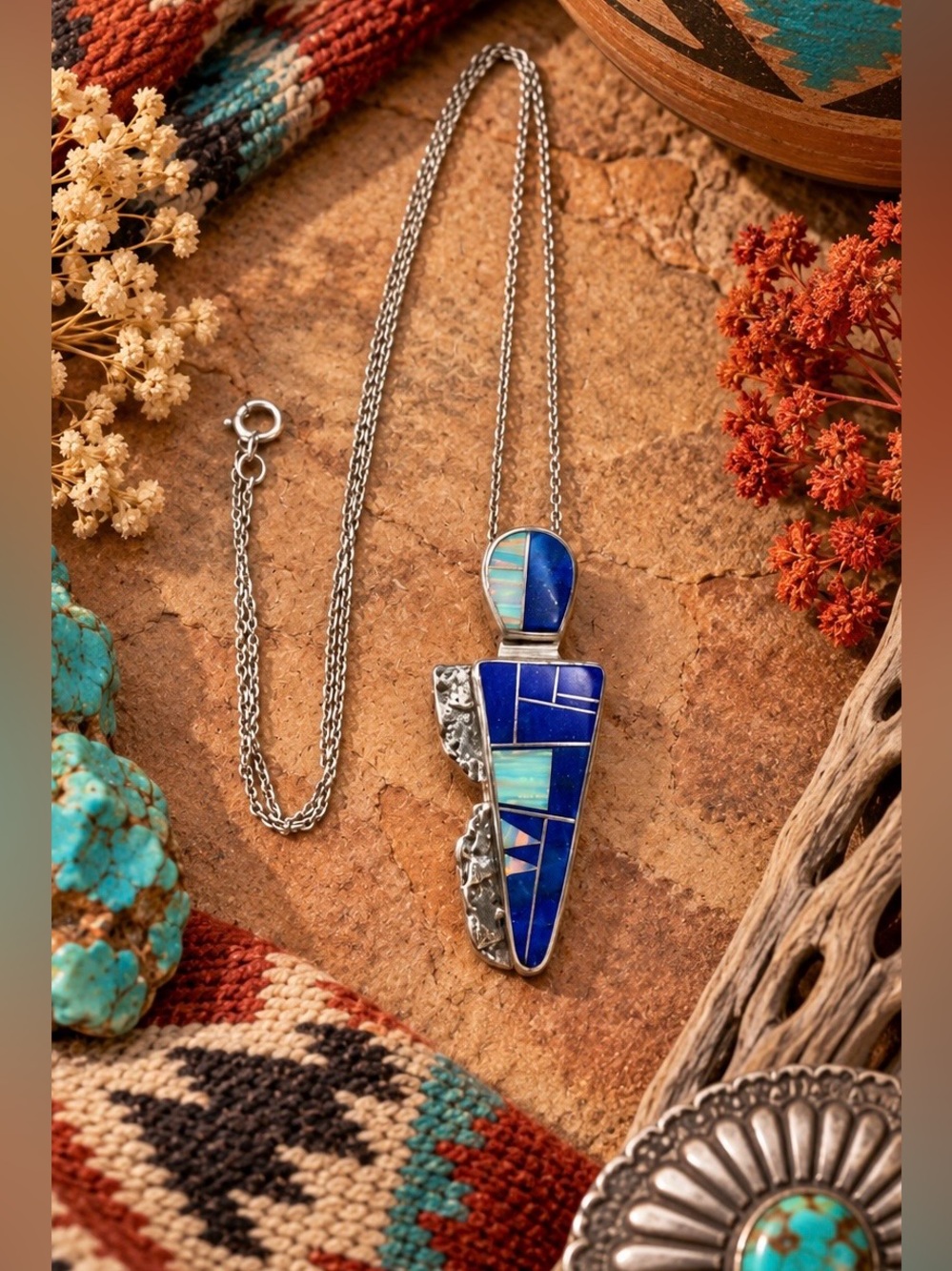 Navajo Native American Sterling Silver Lapis Multi Stone Inlay Pendant Necklace